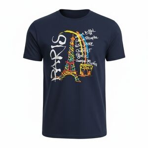 Paris Graphic T-Shirt Eiffel Tower Arc de Triomphe Black Short Sleeve Tee - M